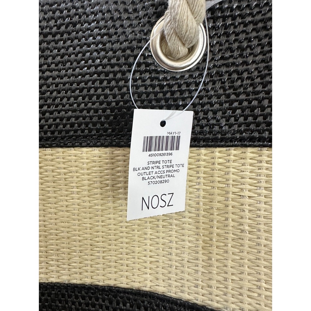 NEW Chico's Black Neutral Striped Woven Straw Beach Tote Bag Rope Handles Resort - Picture 5 of 11